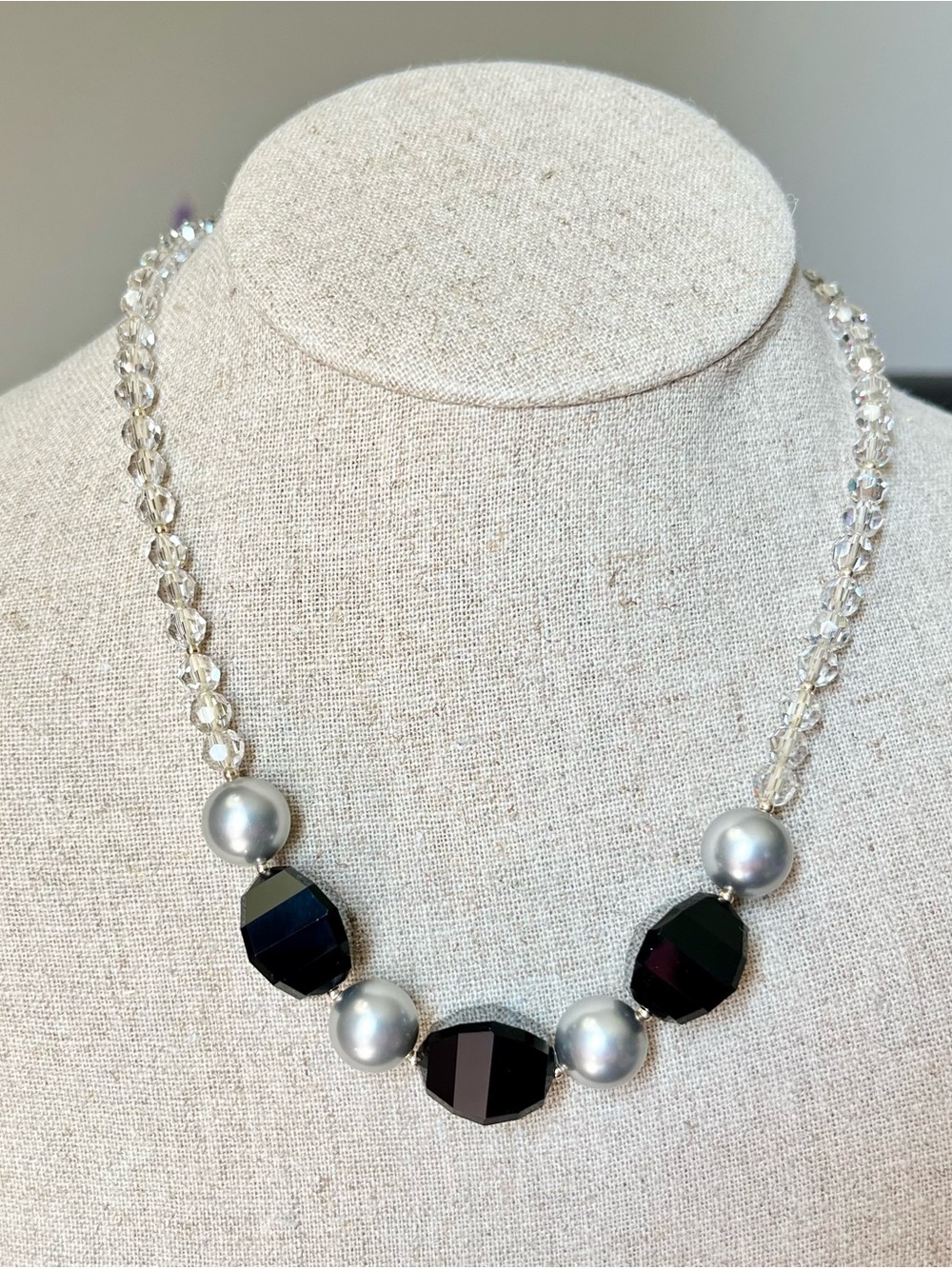 Vintage Crystal Bead Necklace with Black Faceted Onyx - 14k Gold Clasp